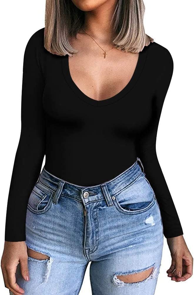 CLOZOZ Long Sleeve Tops for Women Sexy Womens V Neck T Shirts for Women Fitted Shirts Tight Basic... | Amazon (US)