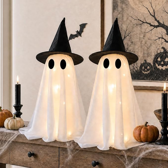Halloween Decorations-Set of 2 Light-Up Ghosts with Witch Hats, Ghost Table Centerpiece-Spooky Ta... | Amazon (US)