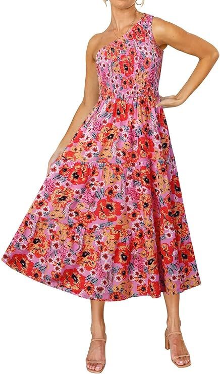 ZESICA Women's 2024 Bohemian Summer Floral Print One Shoulder Sleeveless Smocked Ruffle Tiered Be... | Amazon (US)