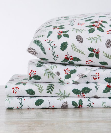 Great Bay Home Green Little Holly Christmas Flannel Sheet Set | Zulily