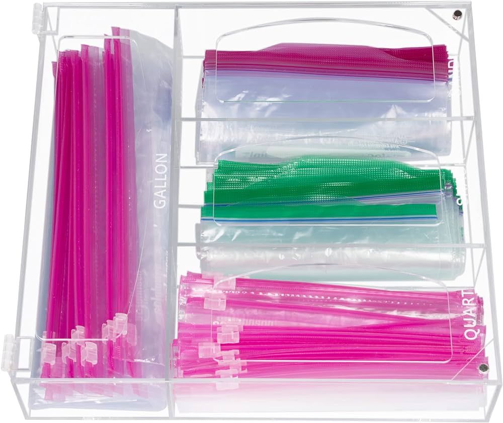 Ziplock Bag Organizer for Drawer, Acrylic Baggie Bags Organizer Plastic Bags Dispenser Holder for Gallon Quart Sandwich & Snack, Compatible with Ziploc, Glad, Hefty Variety Size Bag, Clear | Amazon (US)