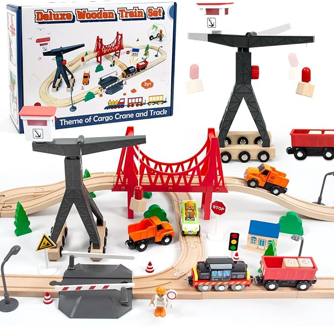 WOOD CITY Wooden Train Set, 56-Piece Deluxe Kids Toy Train Set for 2 3 4 5 Year Old Boy, Cargo-Th... | Amazon (US)