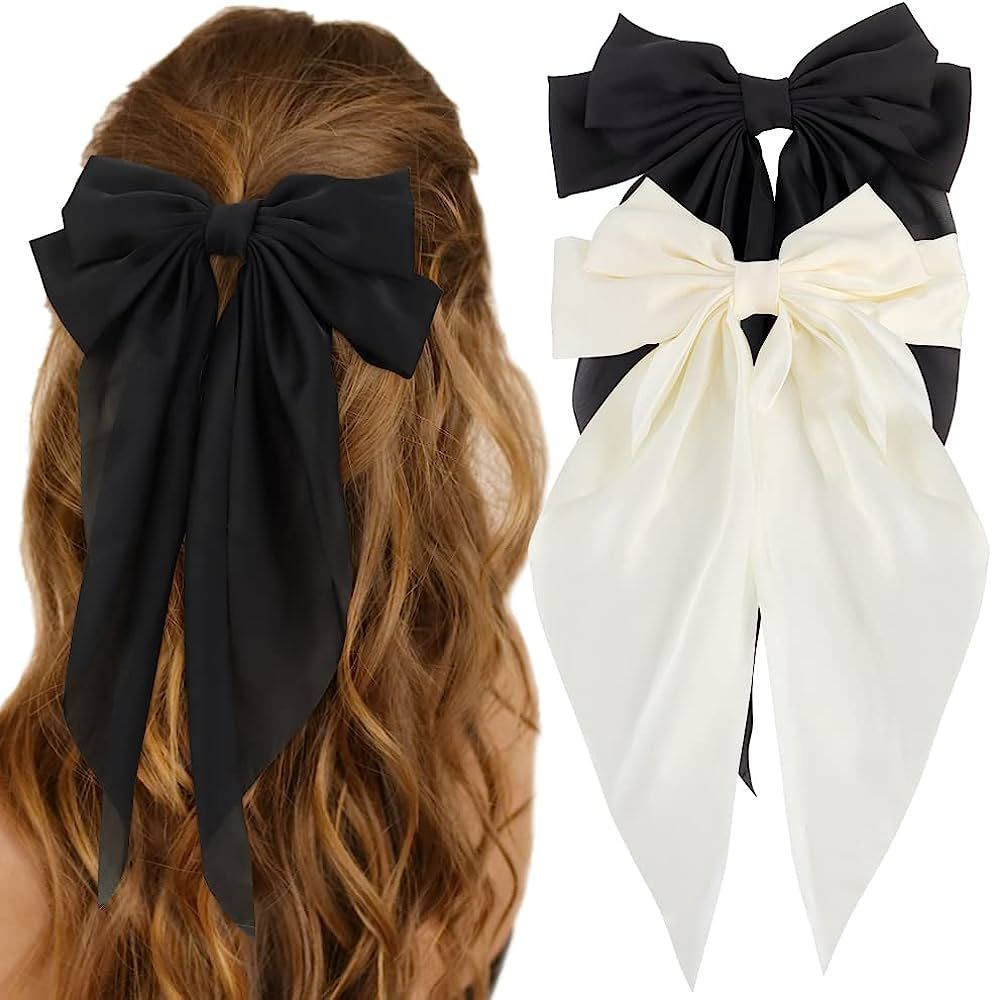 Silky Satin Hair Bows 2 Pcs Big Hair Bows for Women Hair Ribons Oversized Long Tail White Hair Bo... | Amazon (US)