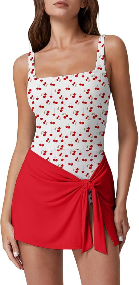 QINSEN Square Neck Swim Dress for Women Tummy Control One Piece Swimsuit Wrap Bathing Suit | Amazon (US)