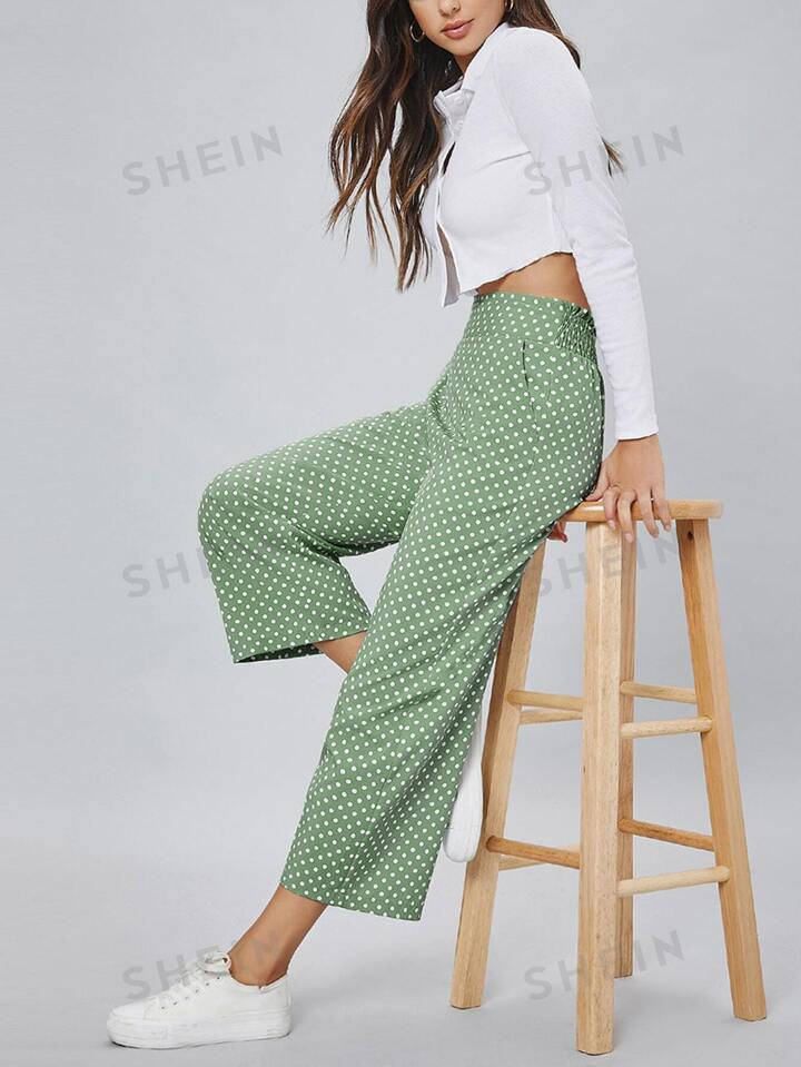 SHEIN EZwear Polka Dot Shirred Waist Palazzo Pants | SHEIN USA | SHEIN