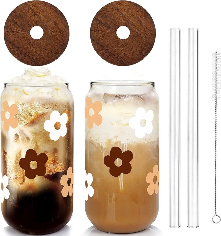 Beer Can Glass with Lids and Straw, Can Shaped Glass Cups, 20OZ Glass Cups, Drinking Glasses, Ice... | Amazon (US)