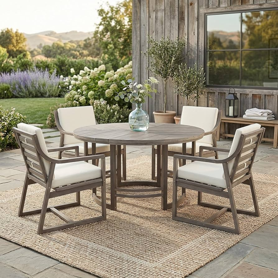 Merax 5-Piece Patio Dining Set, Acacia Wood Round Dining Table and Chairs Set with with Cushions,... | Amazon (US)