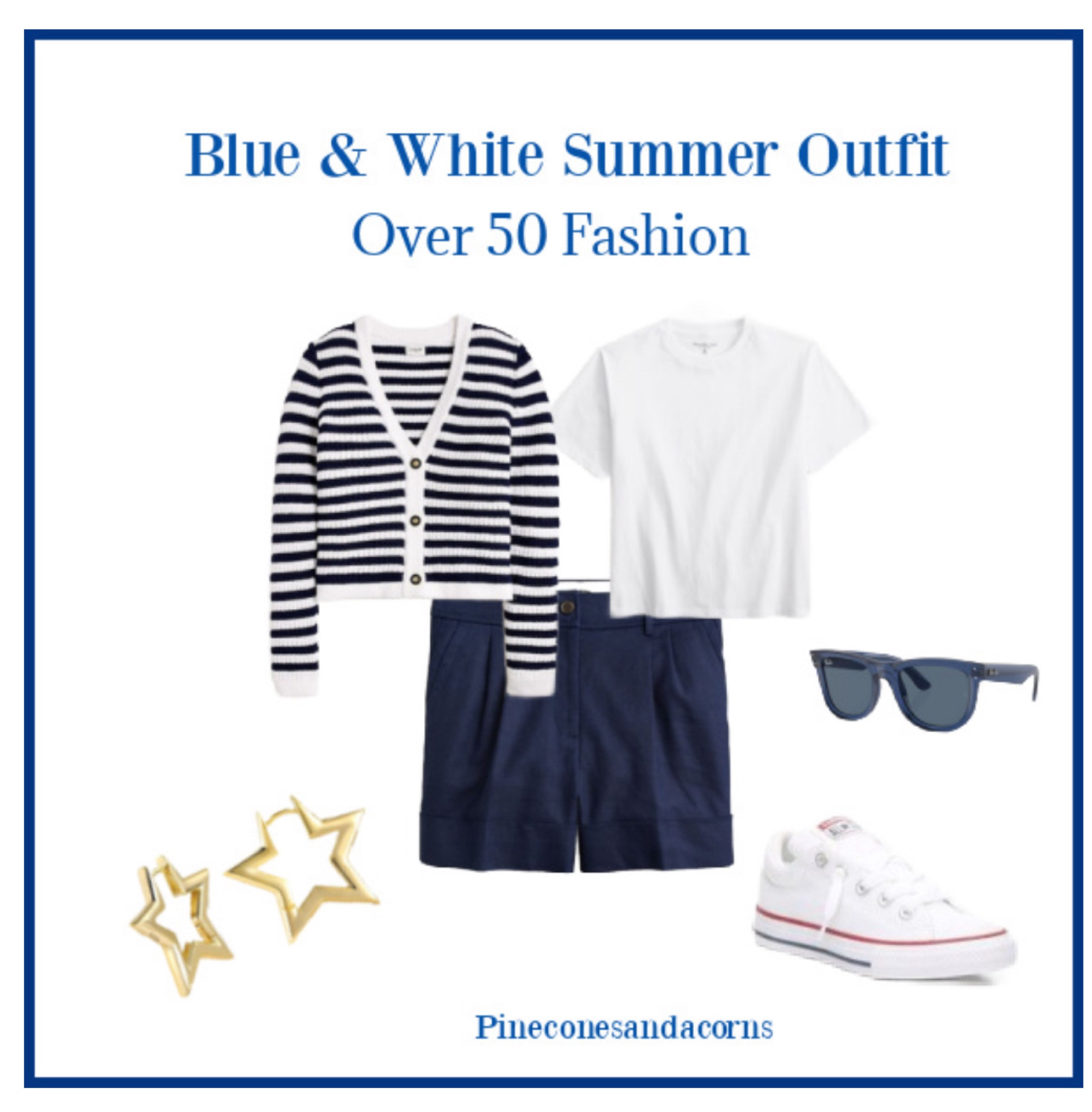 Blue and white outfit for summer! Classic shorts paired with a white T-shirt and a stripe sweater. You can wear this with tennis shoes, sandals, espadrilles, etc. 

#LTKSeasonal #LTKover40