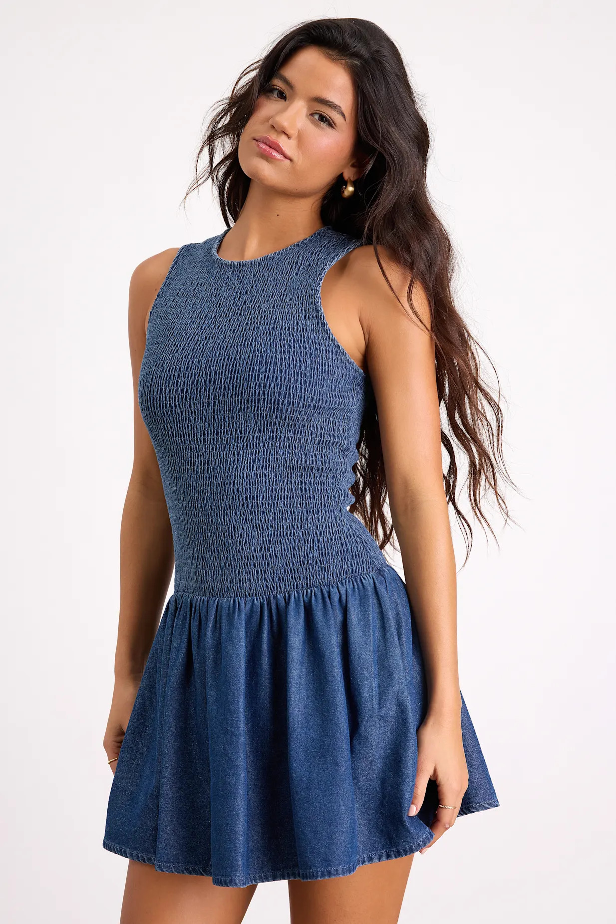 Aisha Medium Wash Denim Smocked Mini Dress | Lulus