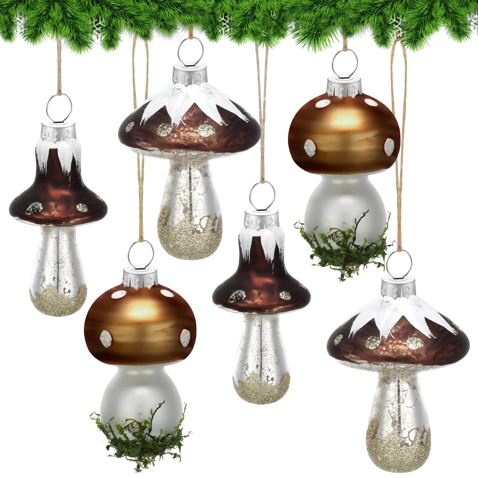 Glass Mushroom Christmas Ornaments - 6 Pcs Rustic Glittery Tree Decorations for Holiday Hanging D... | Amazon (US)