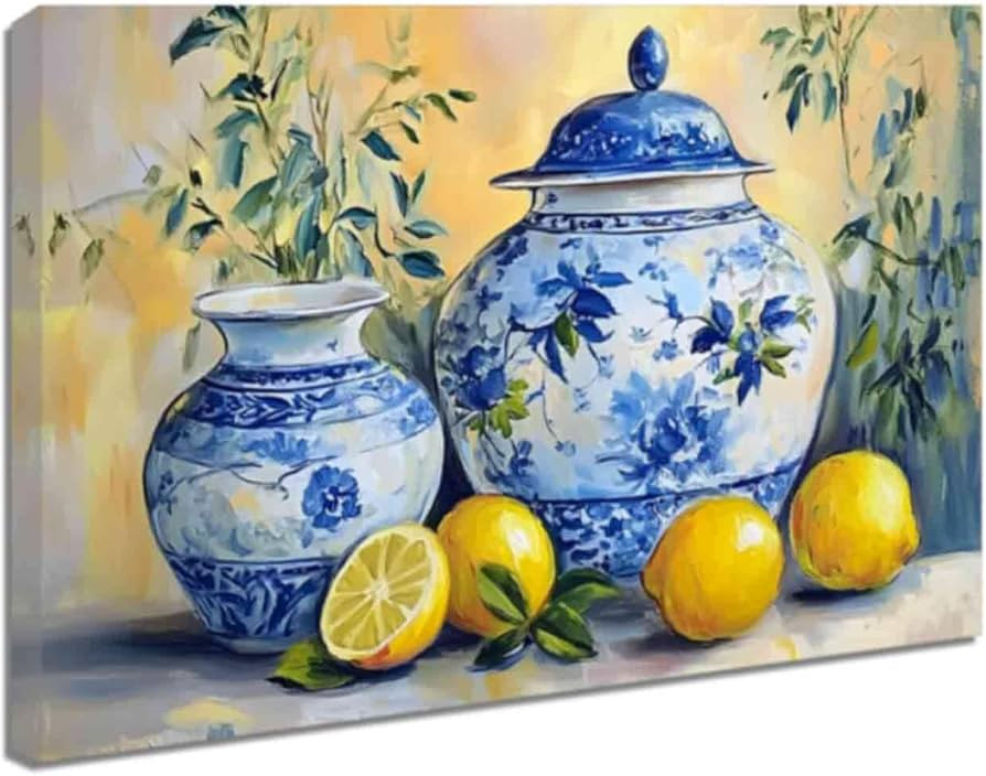 ZQQART Lemon Picture Wall Art Kitchen Canvas Prints Yellow Lemon with Pottery Blue Painting Vinta... | Amazon (UK)