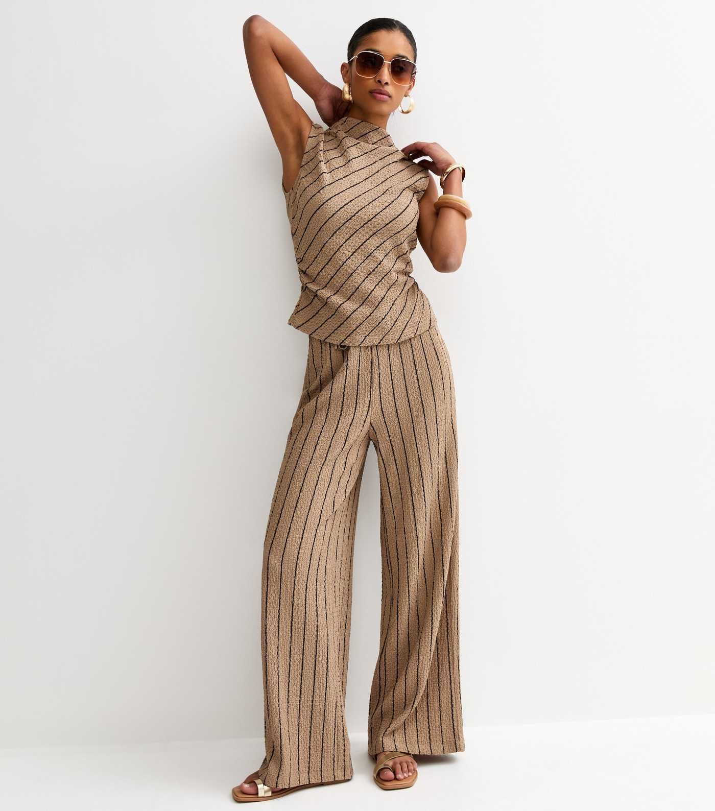 Brown Crinkled Striped Wide Leg Trousers | New Look | New Look (UK)