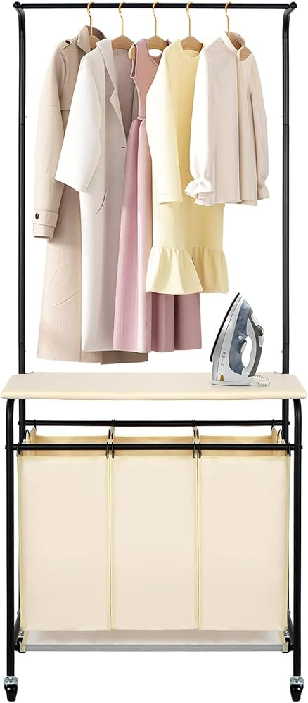 MYOYAY 3 Section Laundry Sorter with Garment Hanging Bar Rack Foldable Ironing Board, Laundry Bas... | Amazon (US)