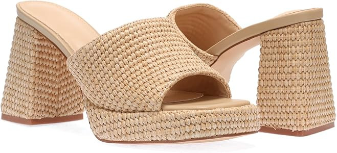 Monrovia Raffia Heeled Sandals for Women，Platform Wedge Slip On Block Heel, Dressy Summer Open ... | Amazon (US)