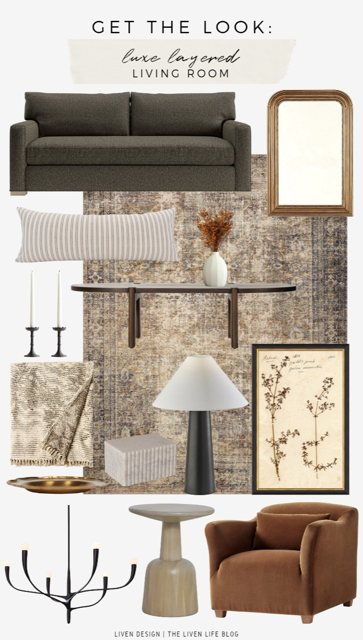 Luxe layered living room. Home decor. Sofa. Brass gold accent mirror. Coffee table. Home accents. Candlestick holders. Botanical art. Distressed vintage rug. Vase. 

#LTKSeasonal #LTKSaleAlert #LTKHome