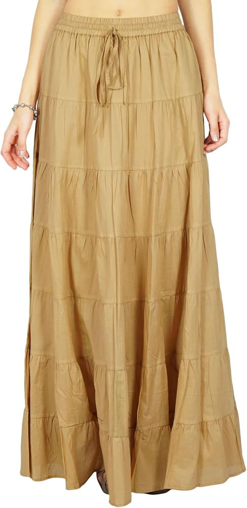 Solid Long Maxi Cotton Beach Wear Skirt for Women Elastic Waist Skirt Summer Wear | Amazon (US)
