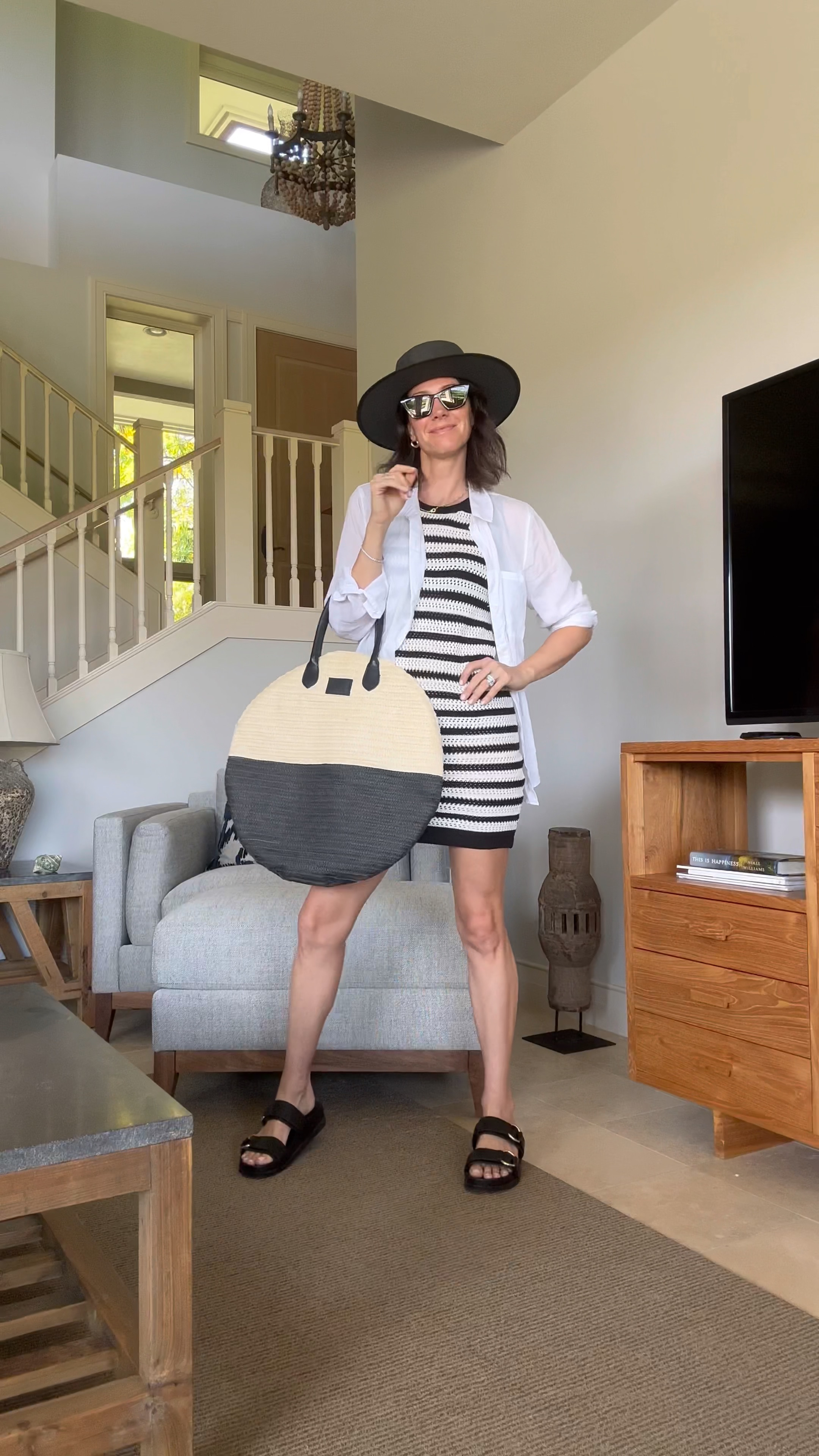 Wearing a small in the coverup and a large in the white button down. 

The hat and bag are no longer available but I tagged similar ones below  

#LTKSwim