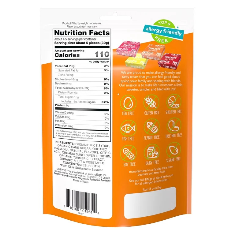 YumEarth Organic Chewys Assorted Fruit Flavors, Gluten Free Chewy Candy, 5oz Bag | Walmart (US)