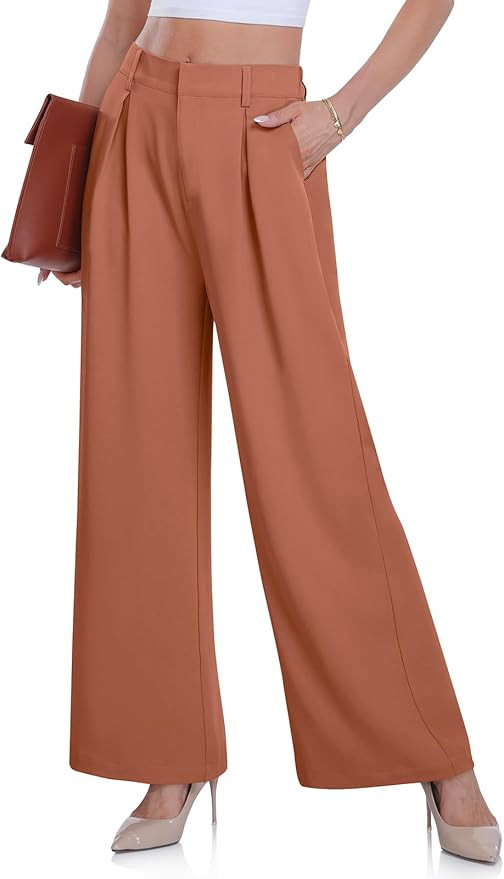 Women's Wide Leg Dress Pants High Elastic Waisted in The Back Business Work Causal Trousers Long ... | Amazon (US)