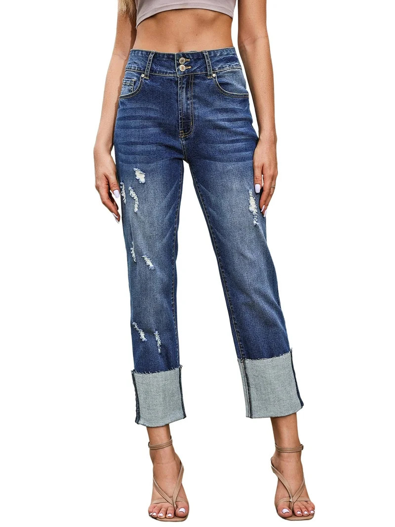 DOKOTOO Women's High Waisted Jeans Cuffed High Waisted Strechy Raw Hem Straight Leg Denim Pants w... | Walmart (US)