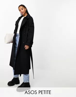 ASOS DESIGN Petite longline trench coat in black | ASOS (Global)