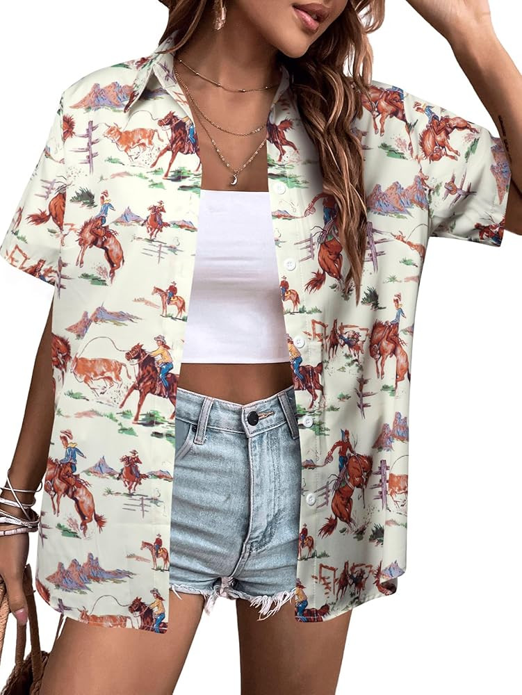 Western Button Up Shirts Women: Retro Cowgirl Shirt Rodeo Shirts Hawaiian Summer Vacation Short S... | Amazon (US)
