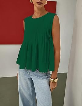 Womens Summer Pleated Peplum Sleeveless Blouse Tank Tops Round Neck Y2K Babydoll Blouse Shirt | Amazon (US)