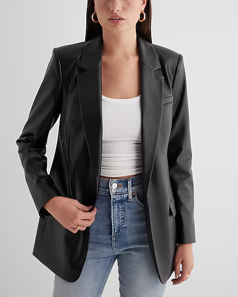 Faux Leather One Button Cinched Boyfriend Blazer | Express