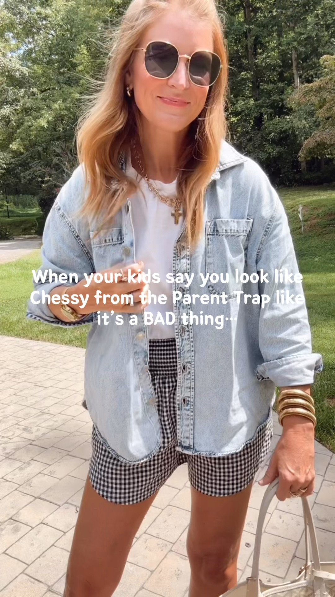 Give me a denim shirt any day! The easiest outfit go-to and has so many ways to style it! 
And the gingham shorts from Amazon are a no brainer. In size L