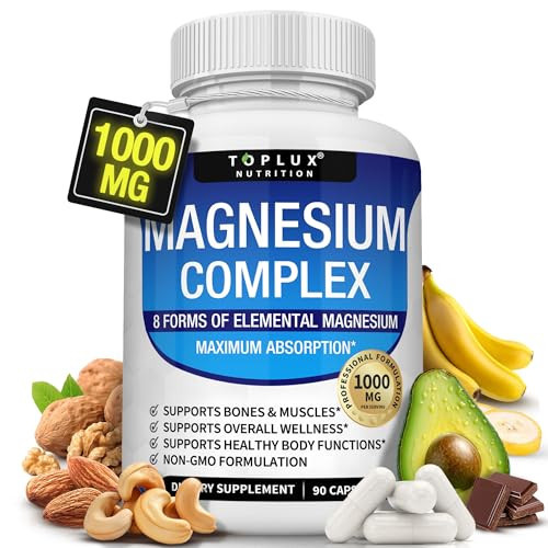 Magnesium Complex Supplement 8 Elemental 1000mg - Magnesium Glycinate, Citrate, Malate, Taurate, Chelated for Easy Absorption for Bones, Muscle, Recovery, Energy, Vegan Non-GMO 90 Capsules | Amazon (US)