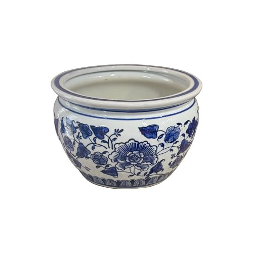 New 10" Oriental Cobalt Blue and White Floral Pattern with Leaves Fish Bowl Jardiniere Fish Bowl Planter Plant Pot Potbelly Shape | Amazon (US)