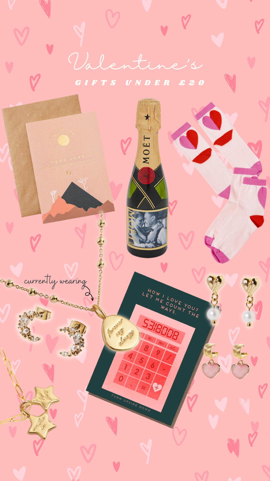 Valentines gift guide under £20. Personalised Moet champagne bottle, valentines cards, moon earrings, pearl earrings, valentines socks, necklaces.

#LTKunder50 #LTKSeasonal #LTKGiftGuide