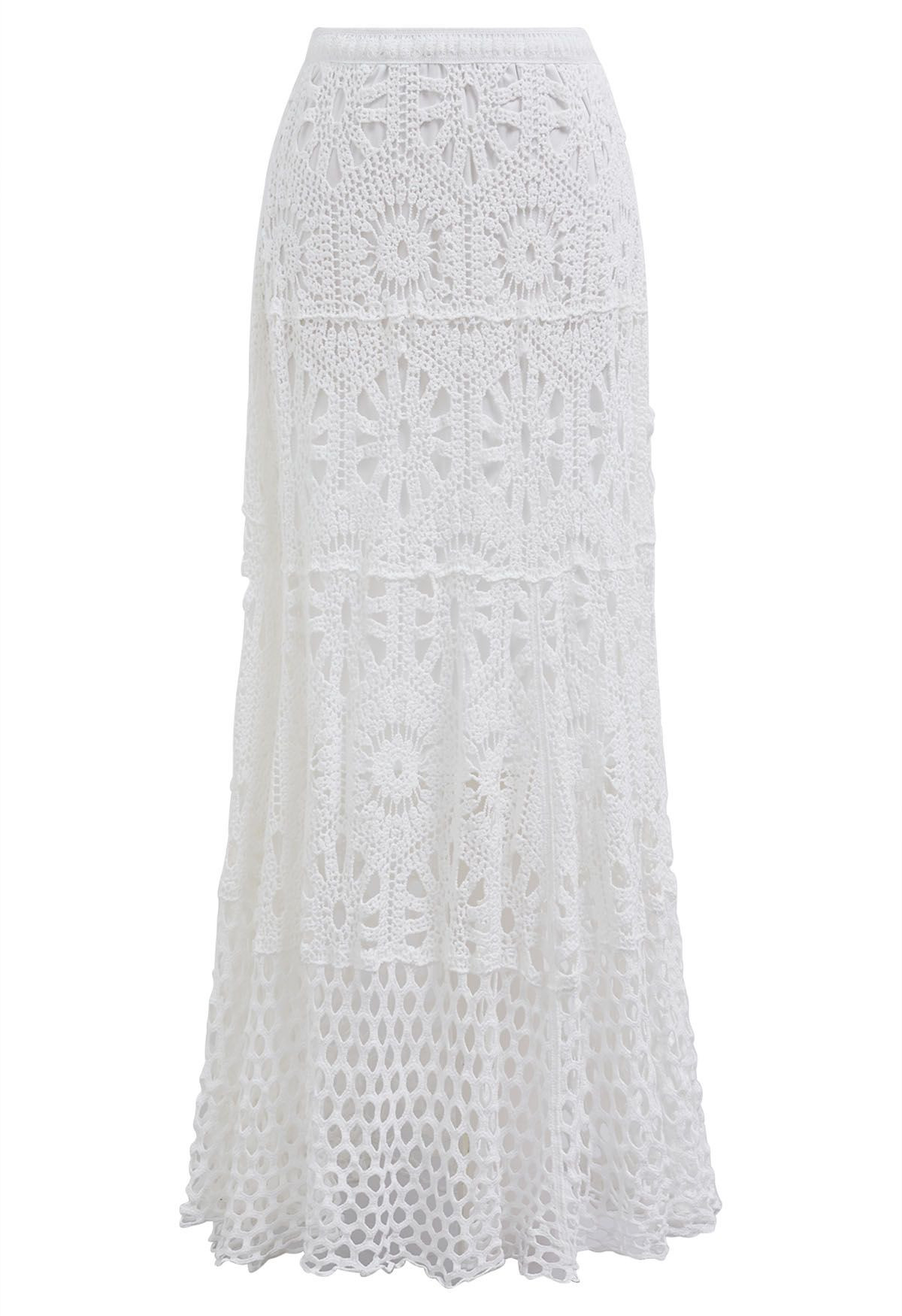 Bohemian Cutwork Crochet Maxi Skirt in White | Chicwish
