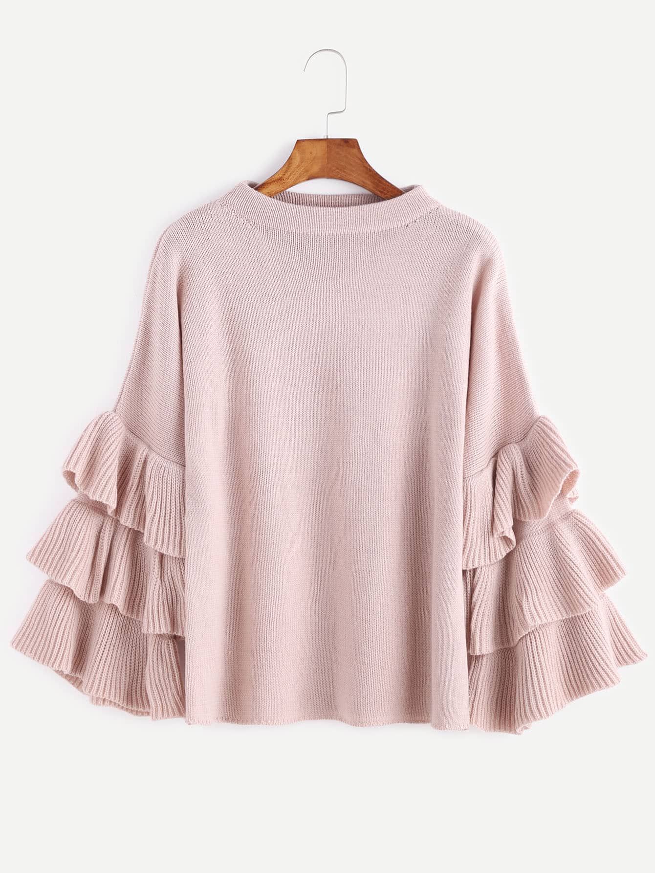 Pink Layered Ruffle Sleeve Pullover Sweater | SHEIN