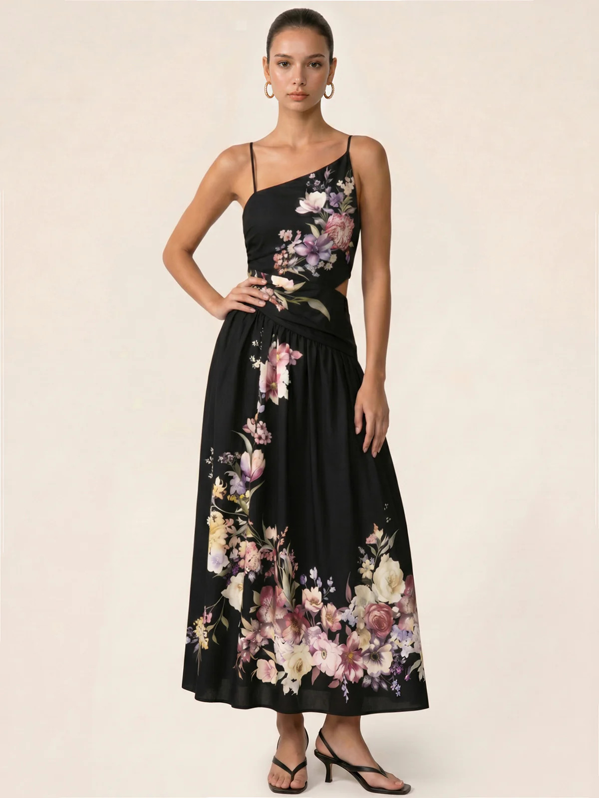 Asymmetric Cutout Floral Slip Midi Dress | Commense