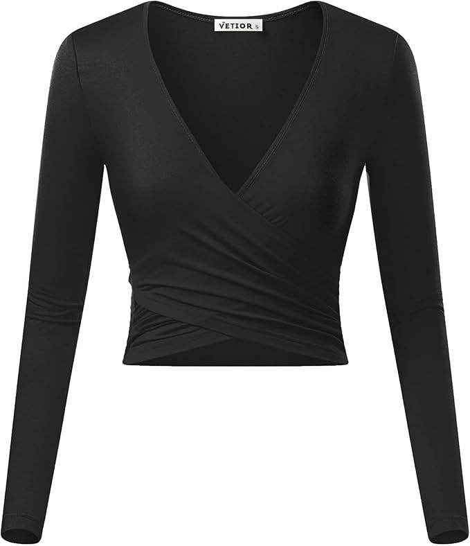 VETIOR Women's Deep V Neck Long Sleeve Unique Slim Fit Cross Wrap Shirts Crop Tops | Amazon (US)