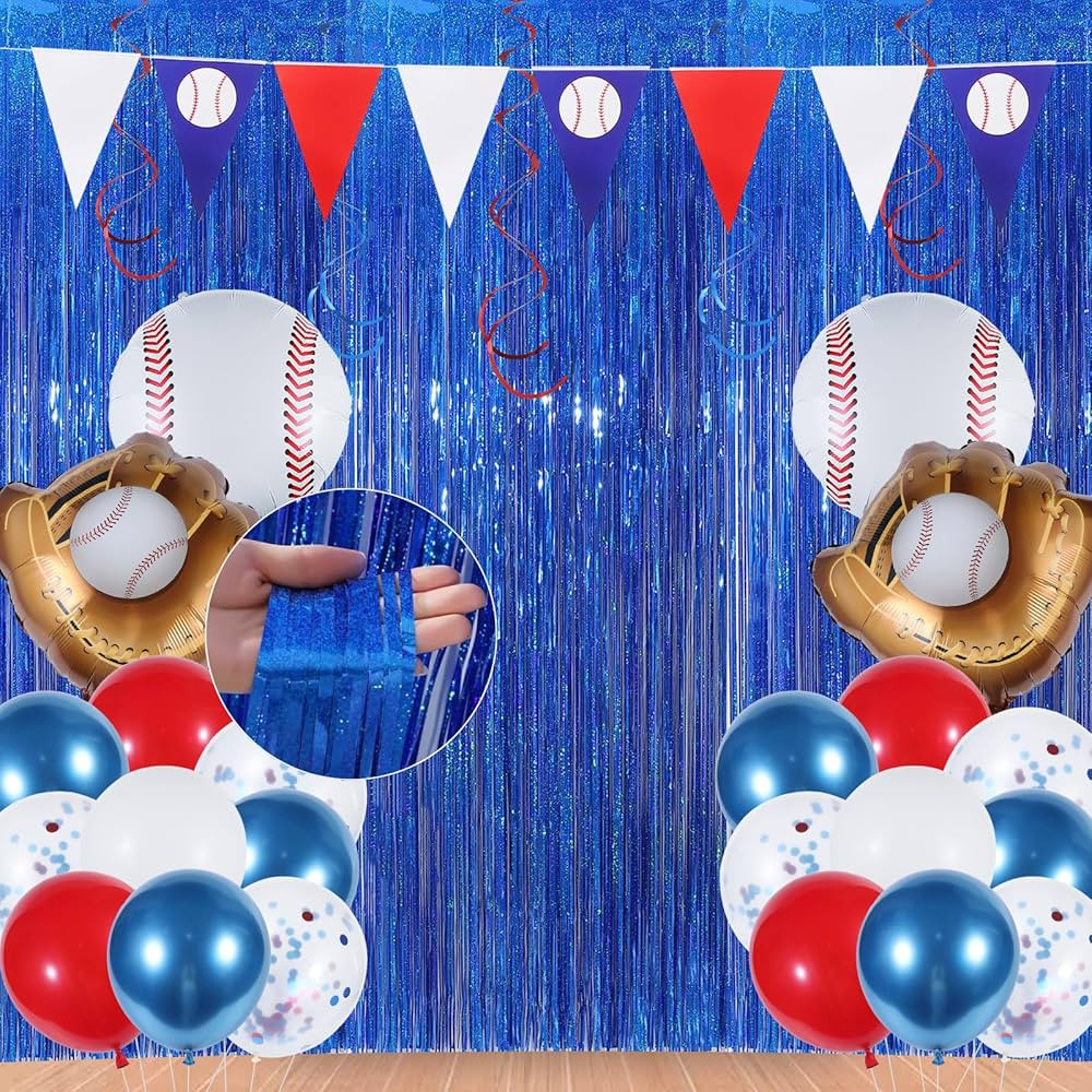55Pcs Baseball Party Decorations Baseball Photo Backdrop 3.3x6.6 Ft Blue Foil Fringe Curtains Str... | Amazon (US)