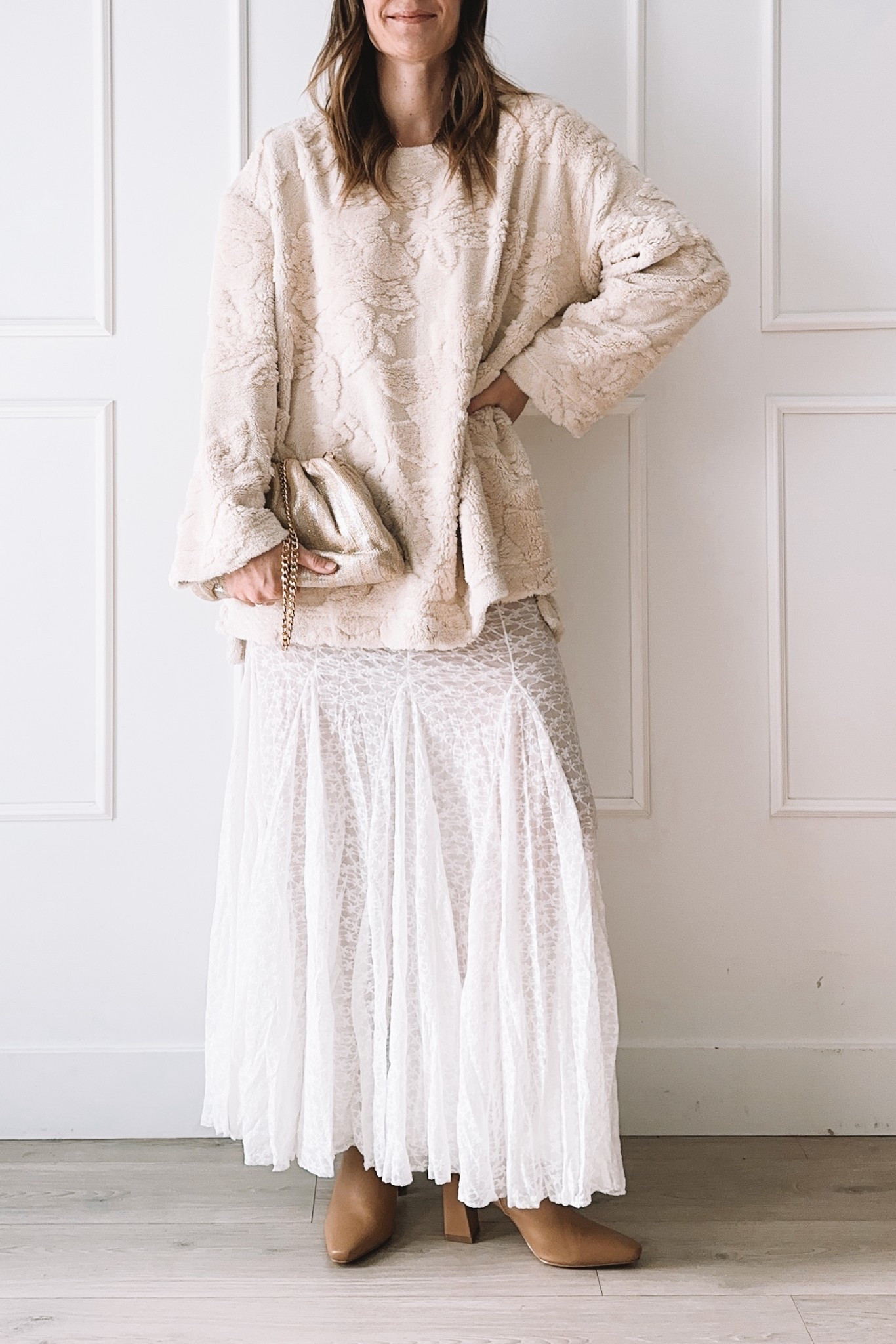 A cozy romantic winter outfit featuring a textured sweater layered with a lace midi skirt and heeled boots. Soft, feminine, and easy to wear for winter dinners, date nights, or dressed-up everyday moments—perfect well beyond the holidays.

#LTKootd #LTKHoliday #LTKgrwm