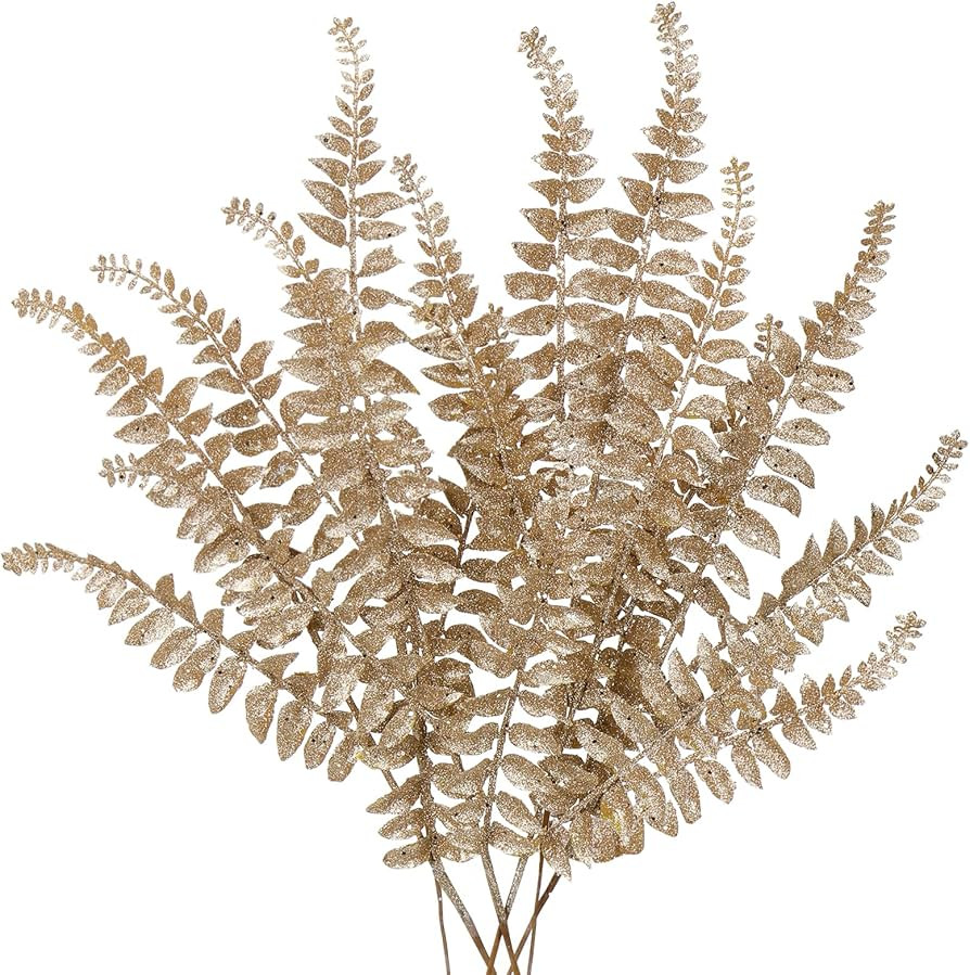 DILATATA 6Pcs Christmas Glitter Leaves Boston Fern Leaves 25" Artificial Champagne Fern Leaf Pick... | Amazon (US)