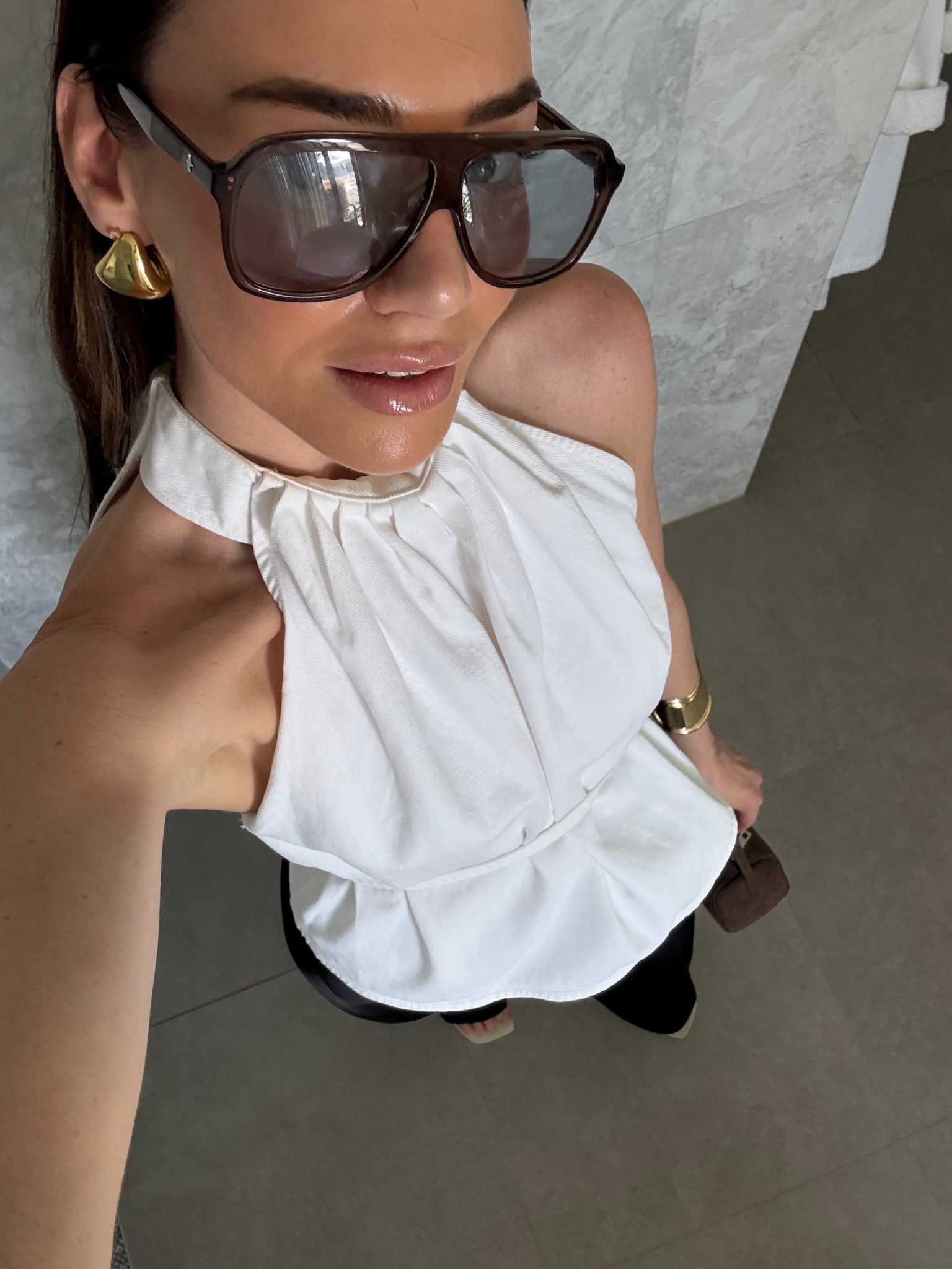 Oversized sunglasses 
White chic top 
Gold earrings and cuff 

#LTKaustralia #LTKdatenight #LTKspring