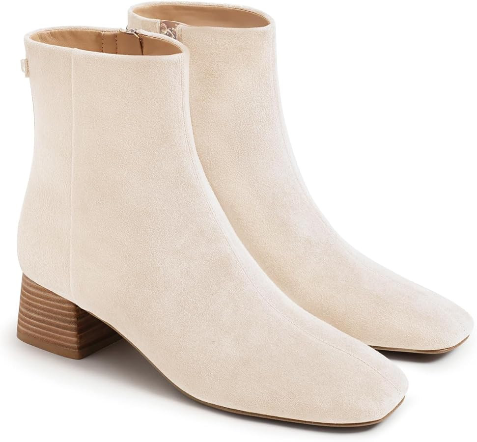 Coutgo Womens Ankle Boots Chunky Low Heel Square Toe Booties Side Zipper Winter Dress Shoes | Amazon (US)