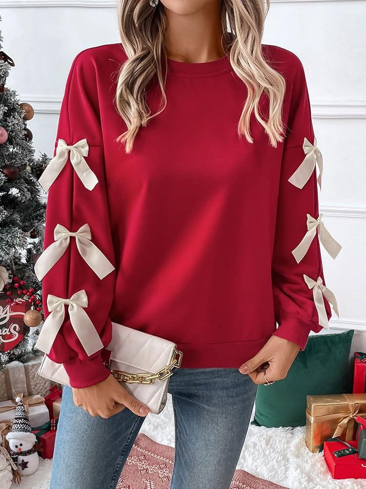 Amazon.com: Bow Sweatshirt - Women'S Crew Neck Red Christmas & New Year Bowknot Pullover Top M : ... | Amazon (US)