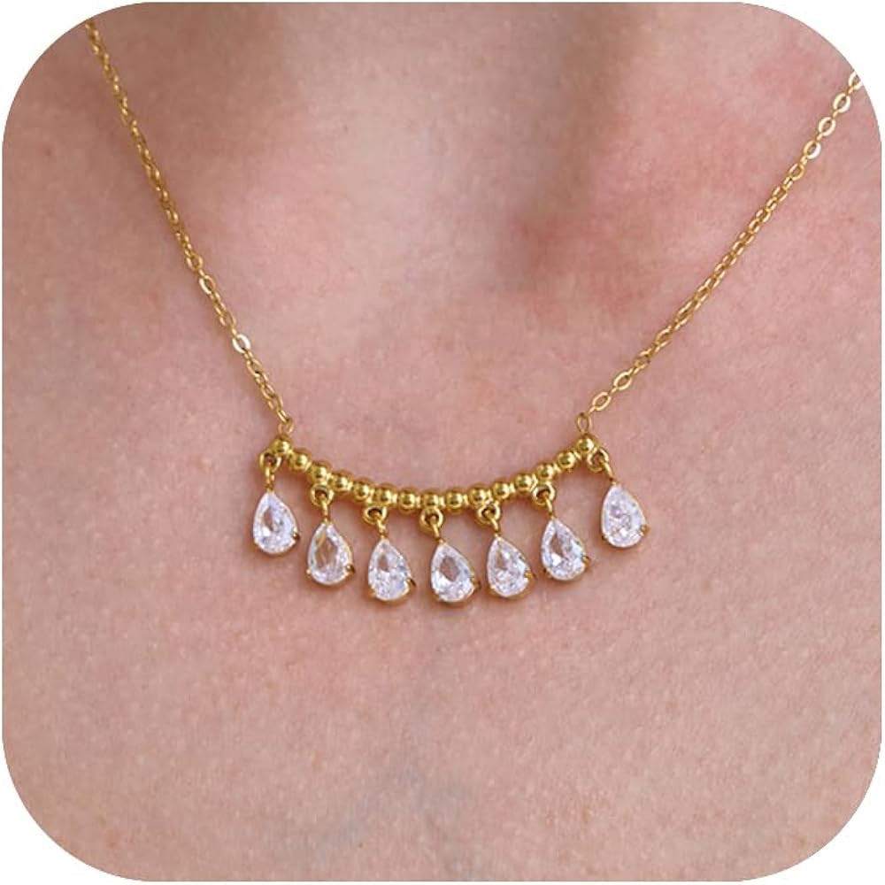 18K Gold Plated Chain Necklace for Women,Adjustable Dainty Necklace with Teardrop CZ Pendant,Wate... | Amazon (US)