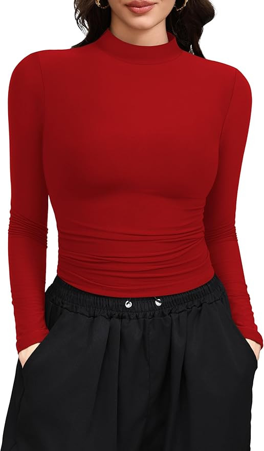 Laughido Women's Mock Neck Long Sleeve Slim Fit Double Lined T-Shirt Casual Basic Crop Tops 2025 ... | Amazon (US)