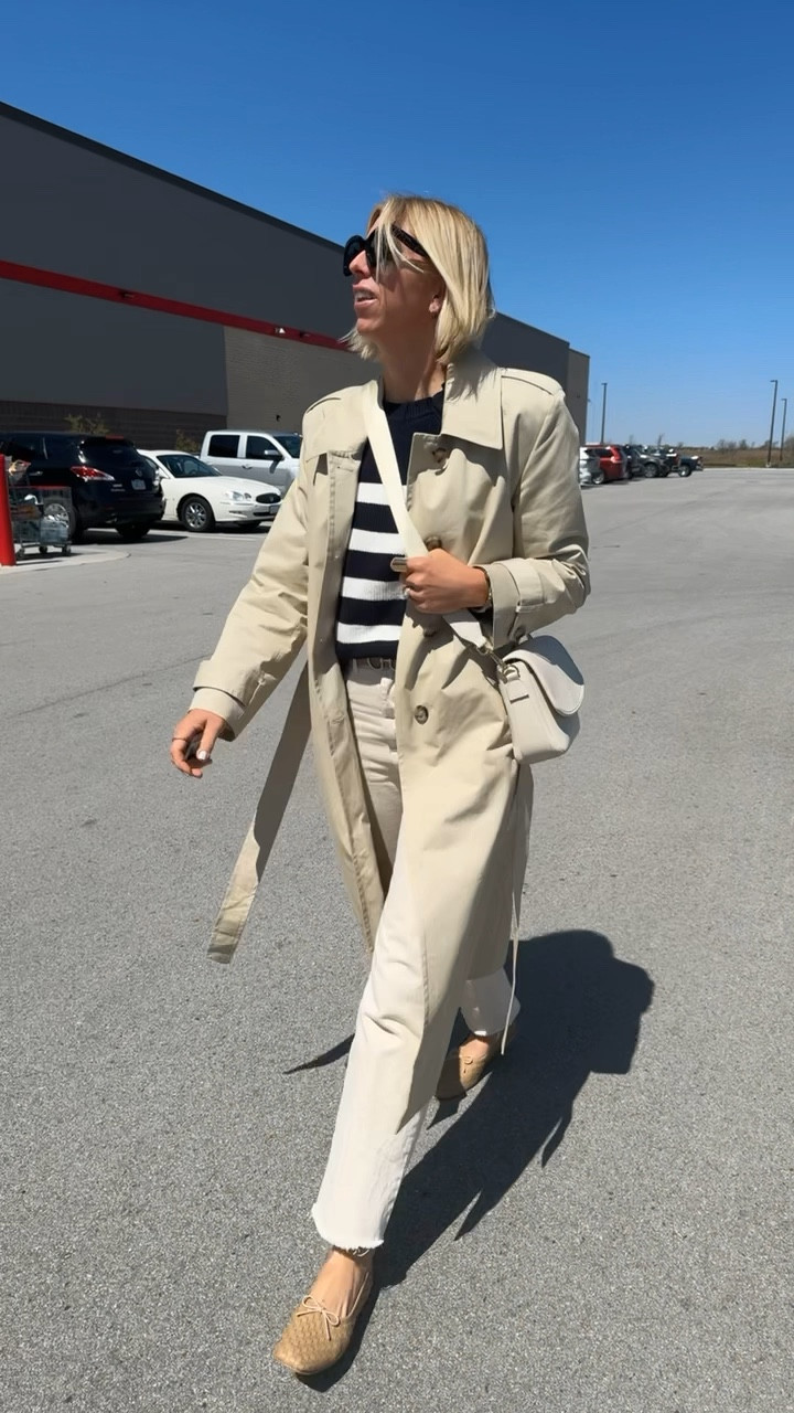 Real life outfit for church then weekend errands. I love that white jeans can be dressed up or down. I paired mine with a classic stripe sweater ballet flats and trenchcoat for a sophisticated polished look.

I’m 5’10” and wearing a size 28 in these off-white jeans, I always recommend going up a size in white jeans for a relaxed, more flattering fit. Wearing a medium in the sweater + trench coat 

#LTKover40 #LTKVideo #LTKstyletip