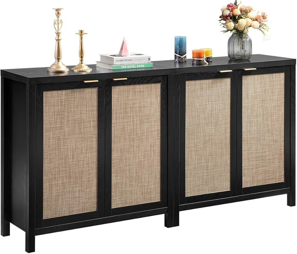SICOTAS Black Sideboard Buffet Storage Cabinet - Boho Rattan Credenza Kitchen Coffee Bar Cabinet ... | Amazon (US)