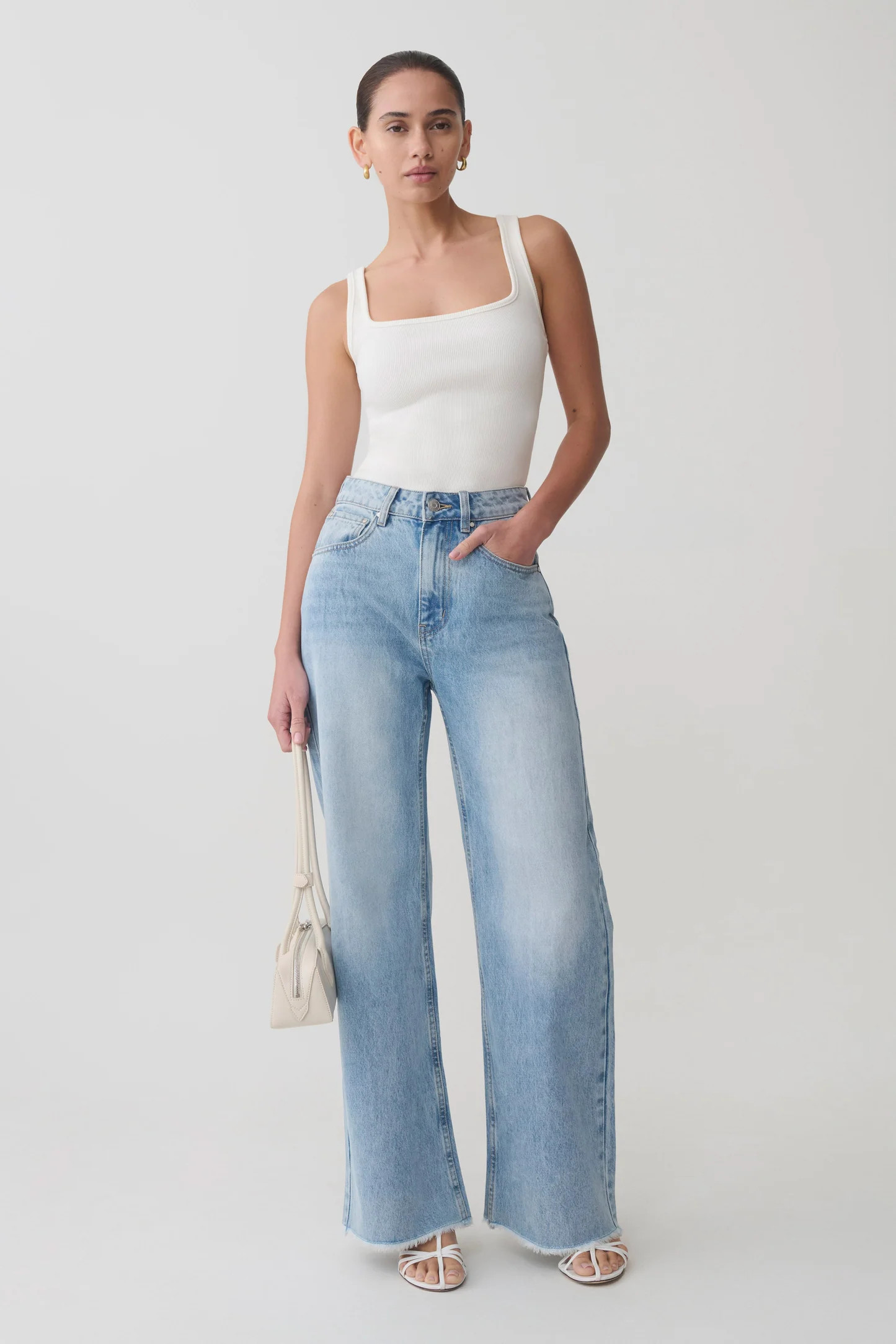 Sebastian Straight Leg Denim Jeans With Fray Hem - Washed Light Blue | MESHKI US
