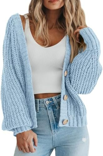 PRETTYGARDEN Women's Chunky Knit Open Front Sweater Long Sleeve Button Loose Short Cardigan Outer... | Amazon (US)