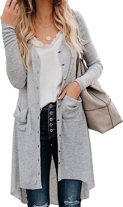 Dokotoo Womens Snap Button Down Pocketed Open Front Long Knited Cardigan Outerwear | Amazon (US)