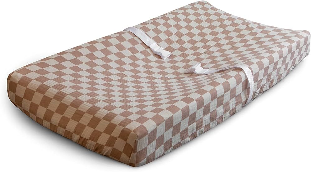 mushie Extra Soft Muslin Fitted Changing Pad Cover (Natural Check) | Amazon (US)